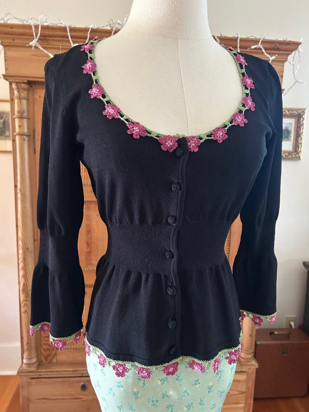 Betsey Johnson New York Black Knit Cardigan with Embroidered Flowers